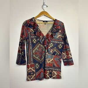 Vintage y2K Chaps Top Blouse XL Stretch Artsy Long Sleeve Carpenter bee fabric